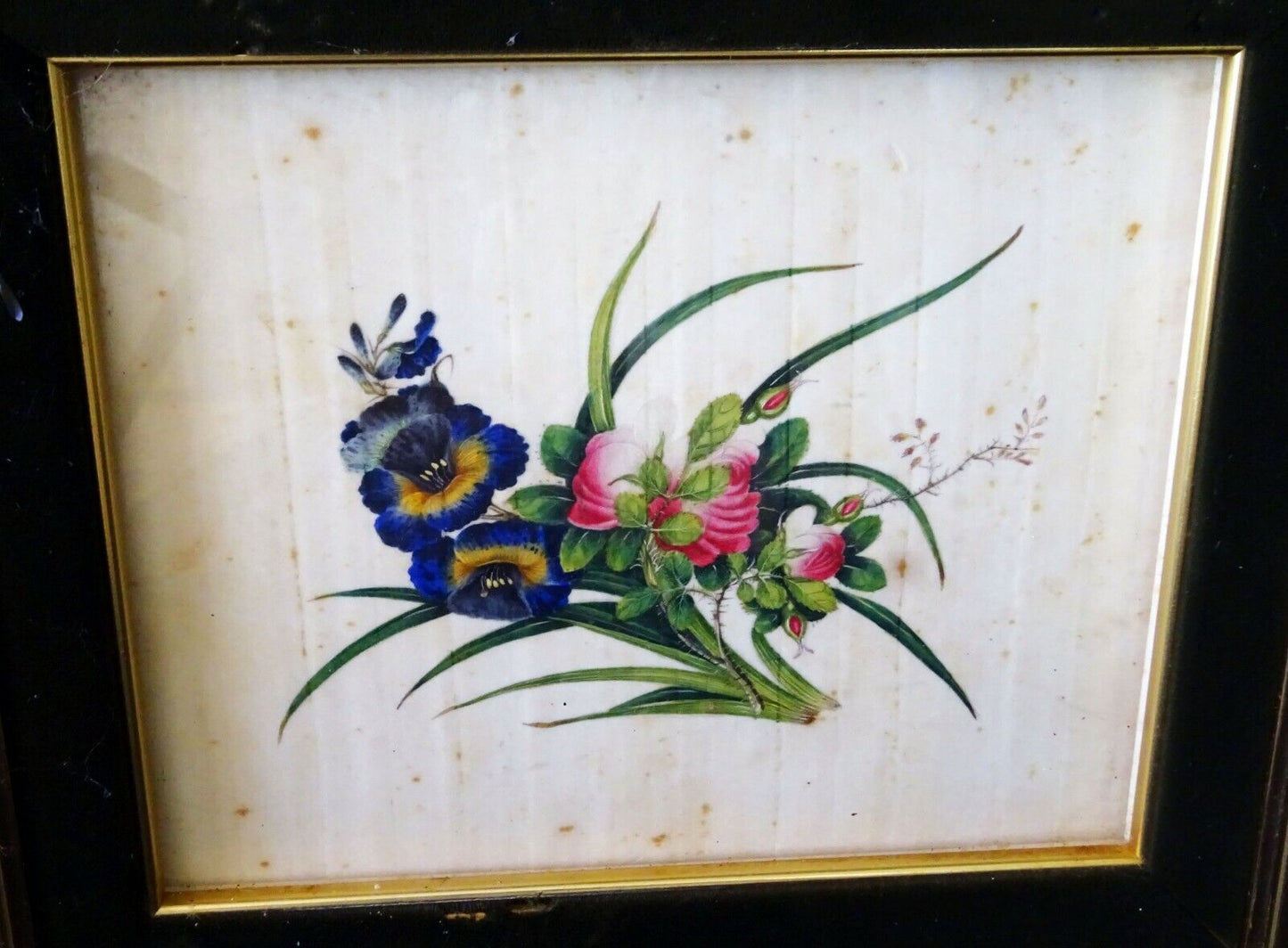2Pc 19C Chinese Framed Export Floral Color Pith Painting Lot (AHB)
