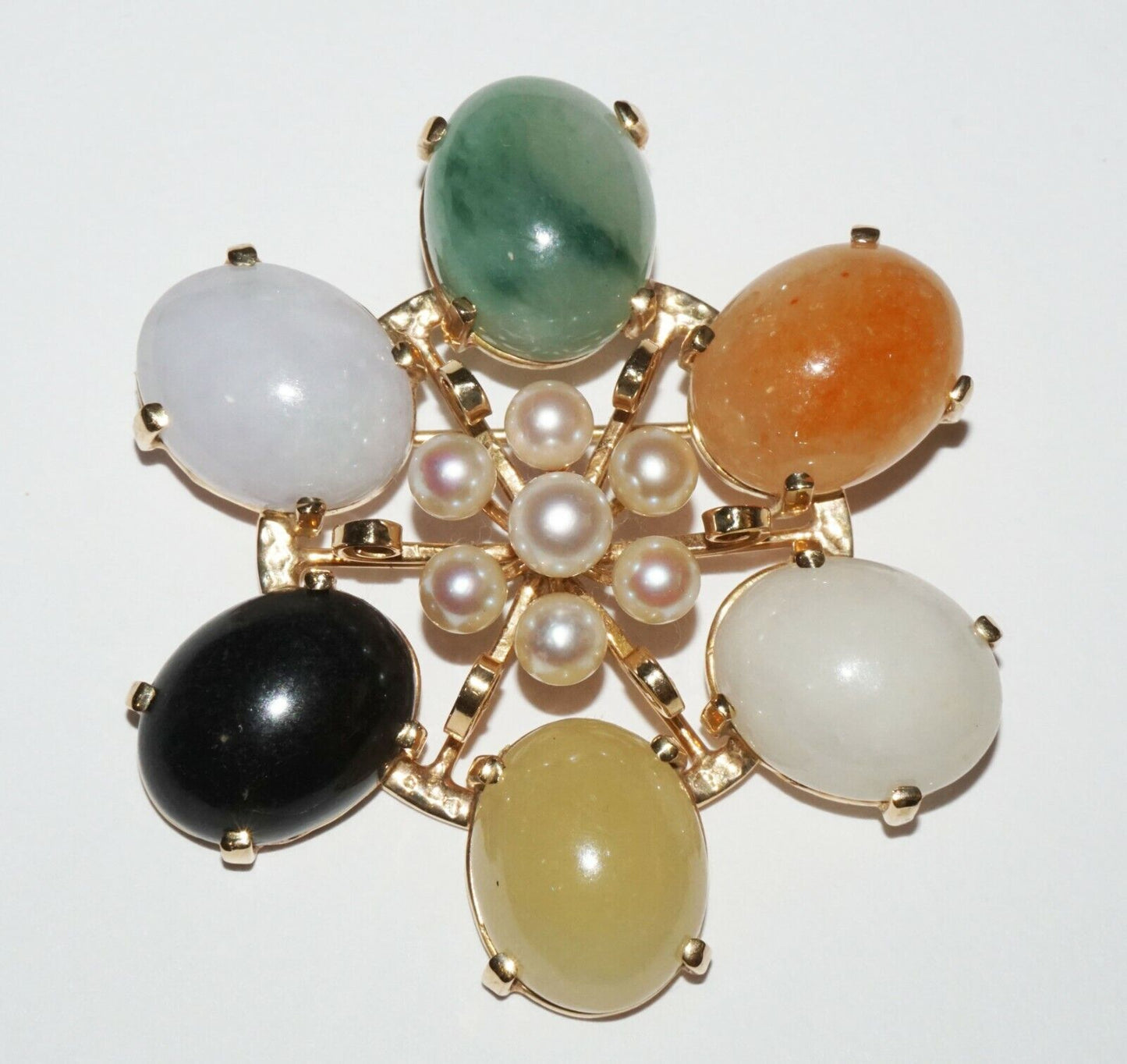 Chinese 14k Yellow Gold Brooch 5+1x Multicolor Jades & 7x Pearls Ming's (NaD)#6a