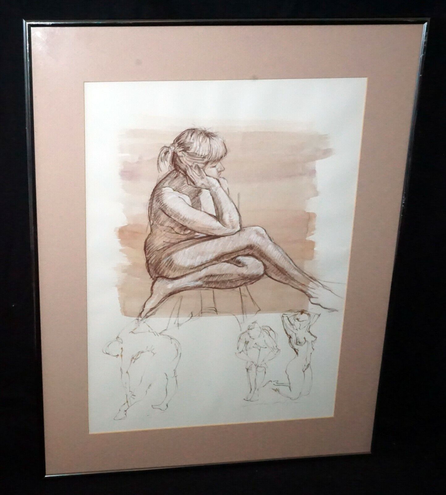 Hawaii Framed Conte Wash Drawing Painting Female Nude by Snowden Hodges (Sho)