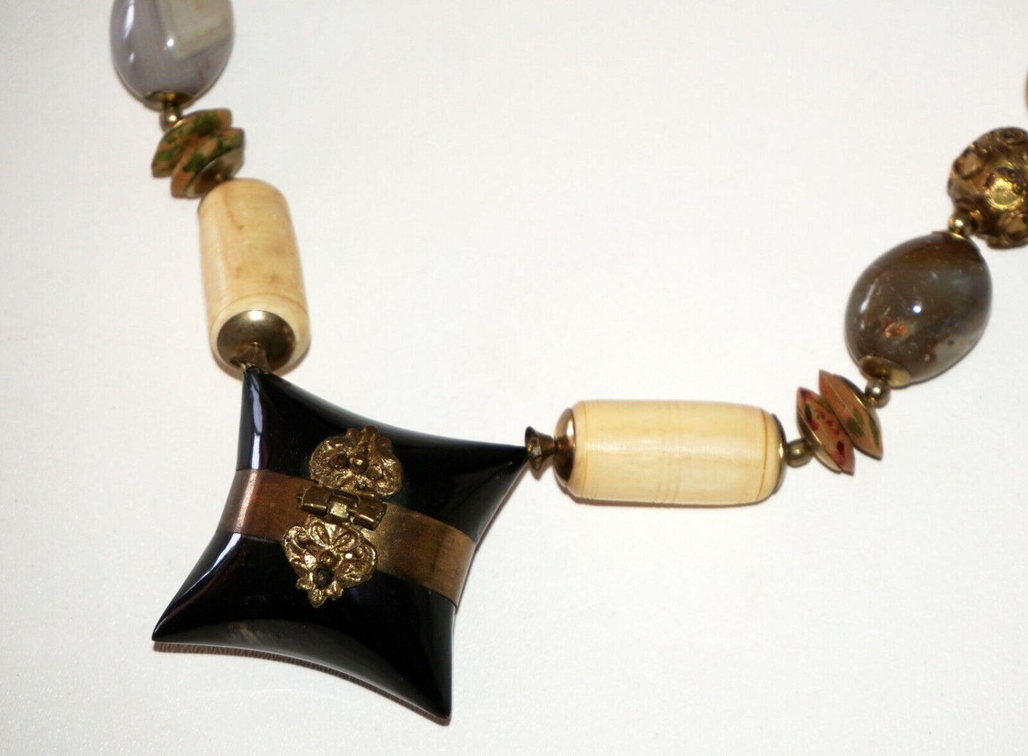 Modernist Bone Stone Brass Bead Necklace w. Resin Pillow Locket Pendant (Bsg)#39