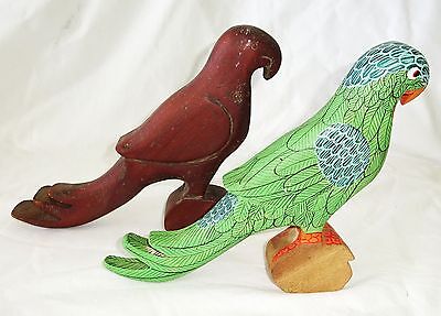 2x 1980s Haitian Wooden Parrot Bird Carvings Sculptures (Stea)