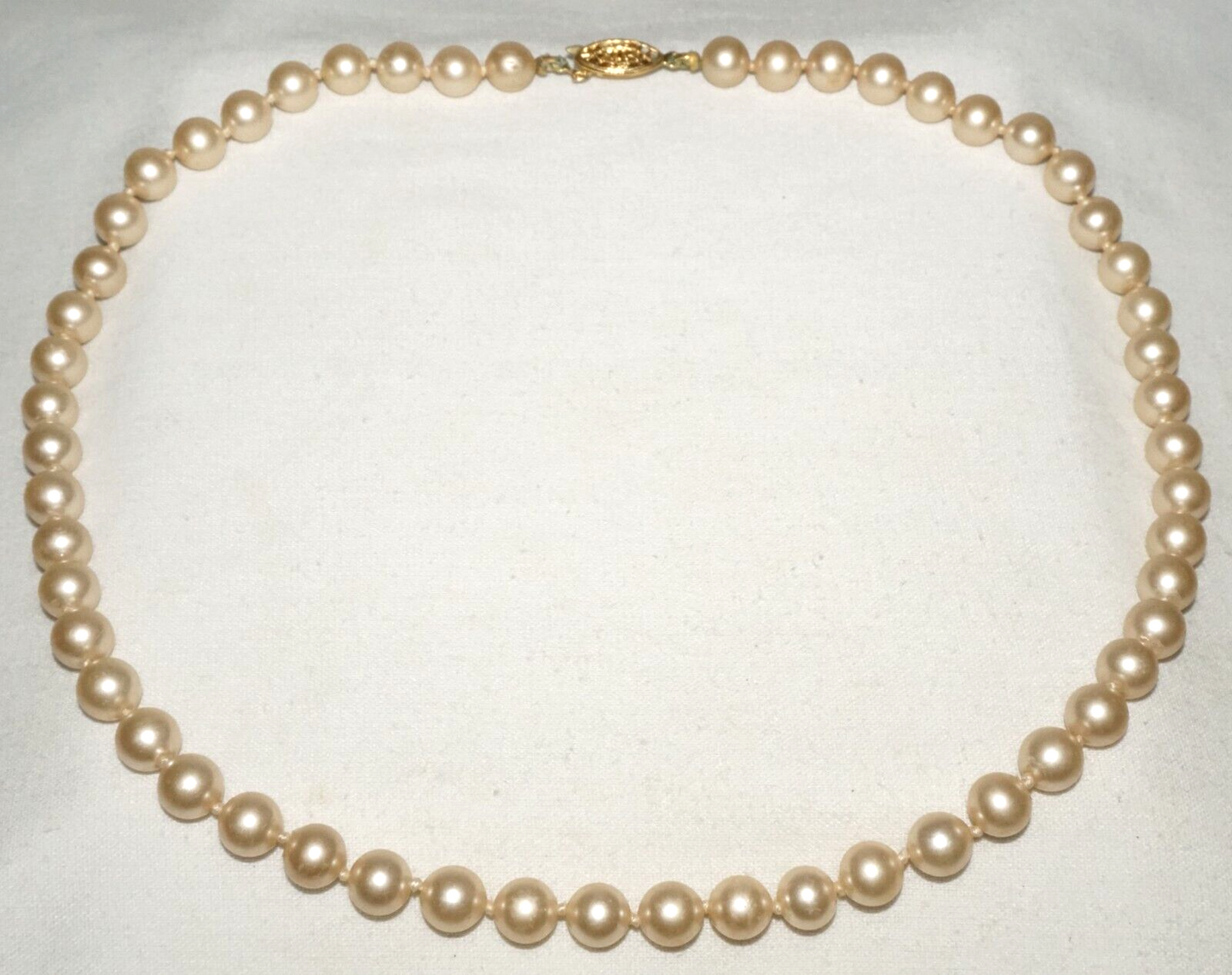 Vintage Faux Pearl Necklace w. Gold Plated Silver Filigree Clasp (InS)L5 1st