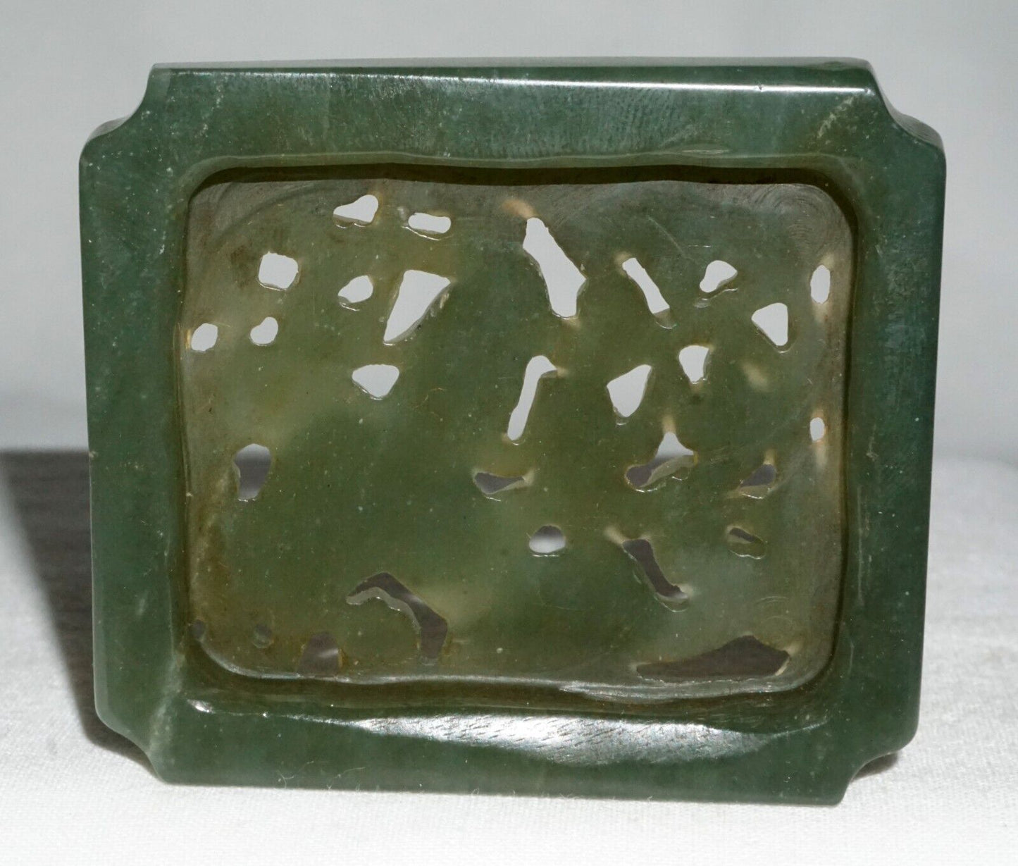 Antique Chinese Dark Green Nephrite Jade Pierced Cover Dragon Lingzhi Bat (---)