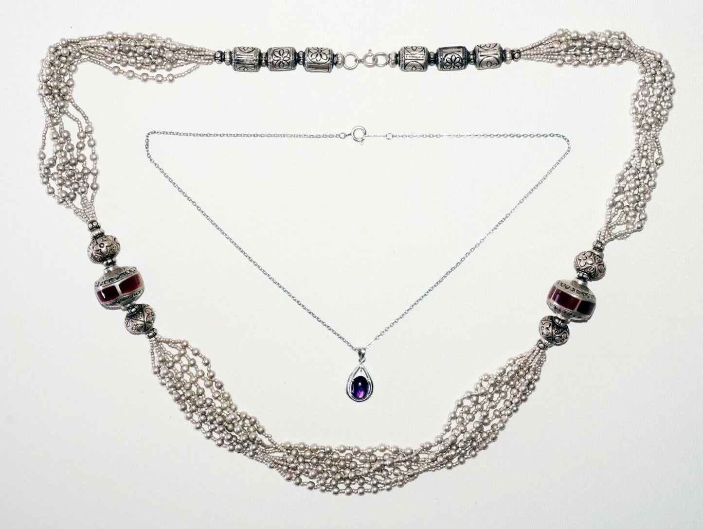 Vintage Sterling Silver Tribal Bead Necklace + Amethyst Pendant (SaR)#194