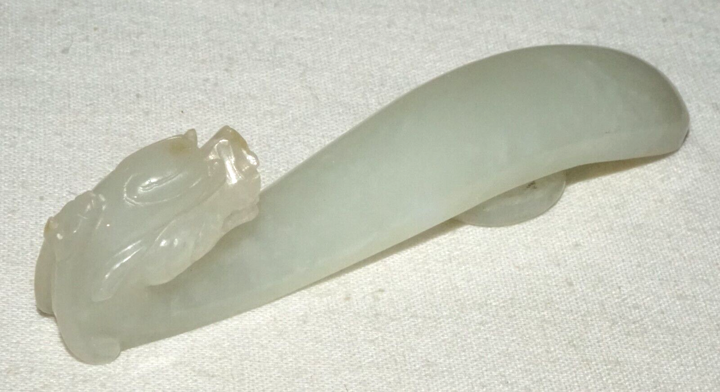 Antique Chinese Grey Green Nephrite Jade Dragon Belt Hook (UVi)#23