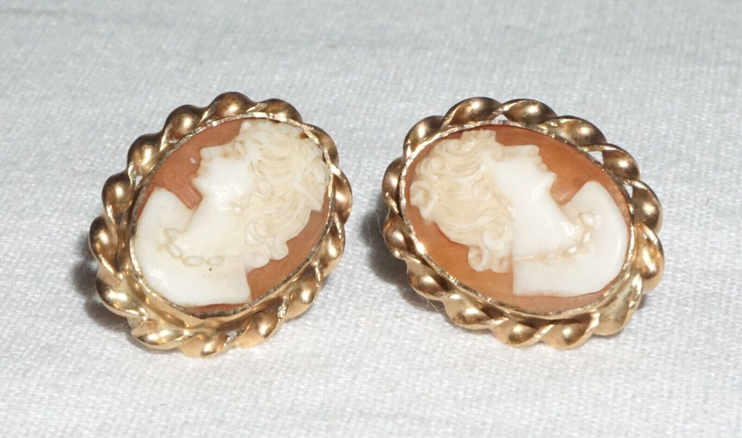 Pair Vintage 10k Yellow Gold Earrings w. Sell Cameo w. Woman Bust Motifs (GeB)#8