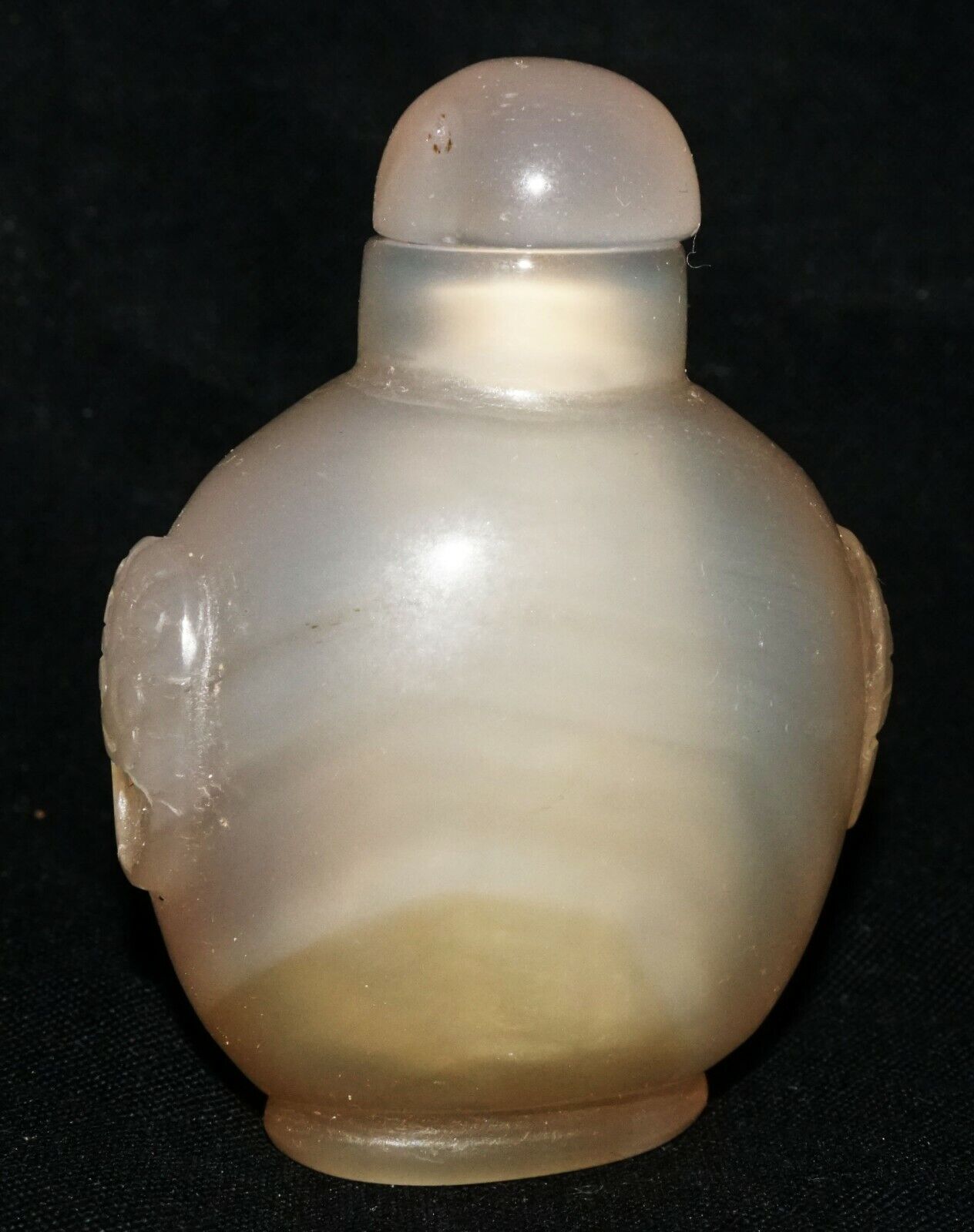 Vintage Chinese Agate Carved Snuff Bottle w. Mask Handles & Stopper (LeS) G2