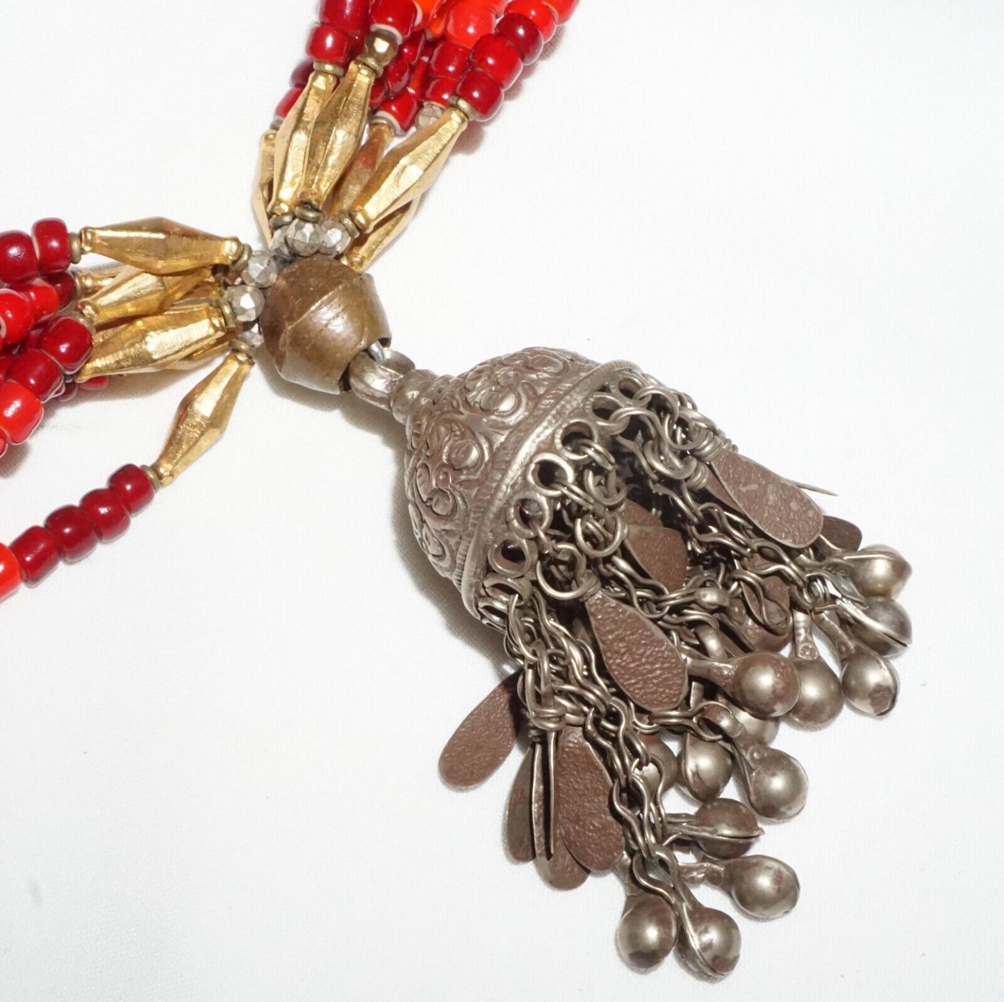 Vtg Chunky 7x Strand Red Glass Bead Necklace Bell Pendant Masha Archer (GeB)#16