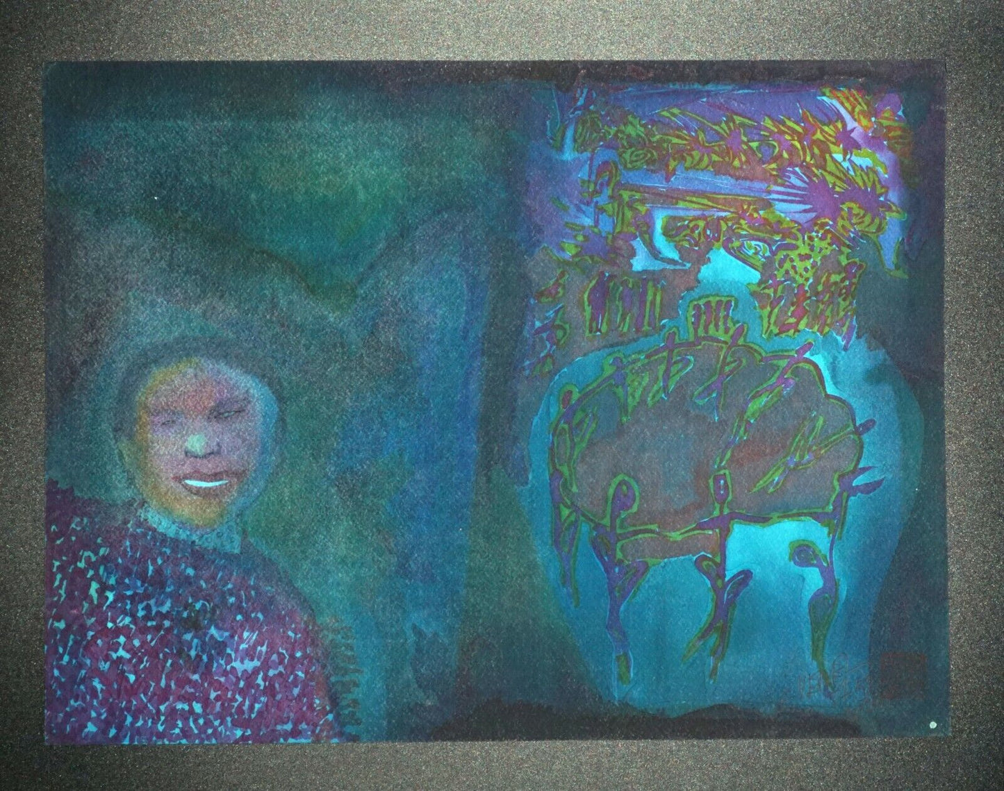 France Hawaii Outsider Art WC Painting Dark Figure & Dance Claude Vedel (EtJ)#14