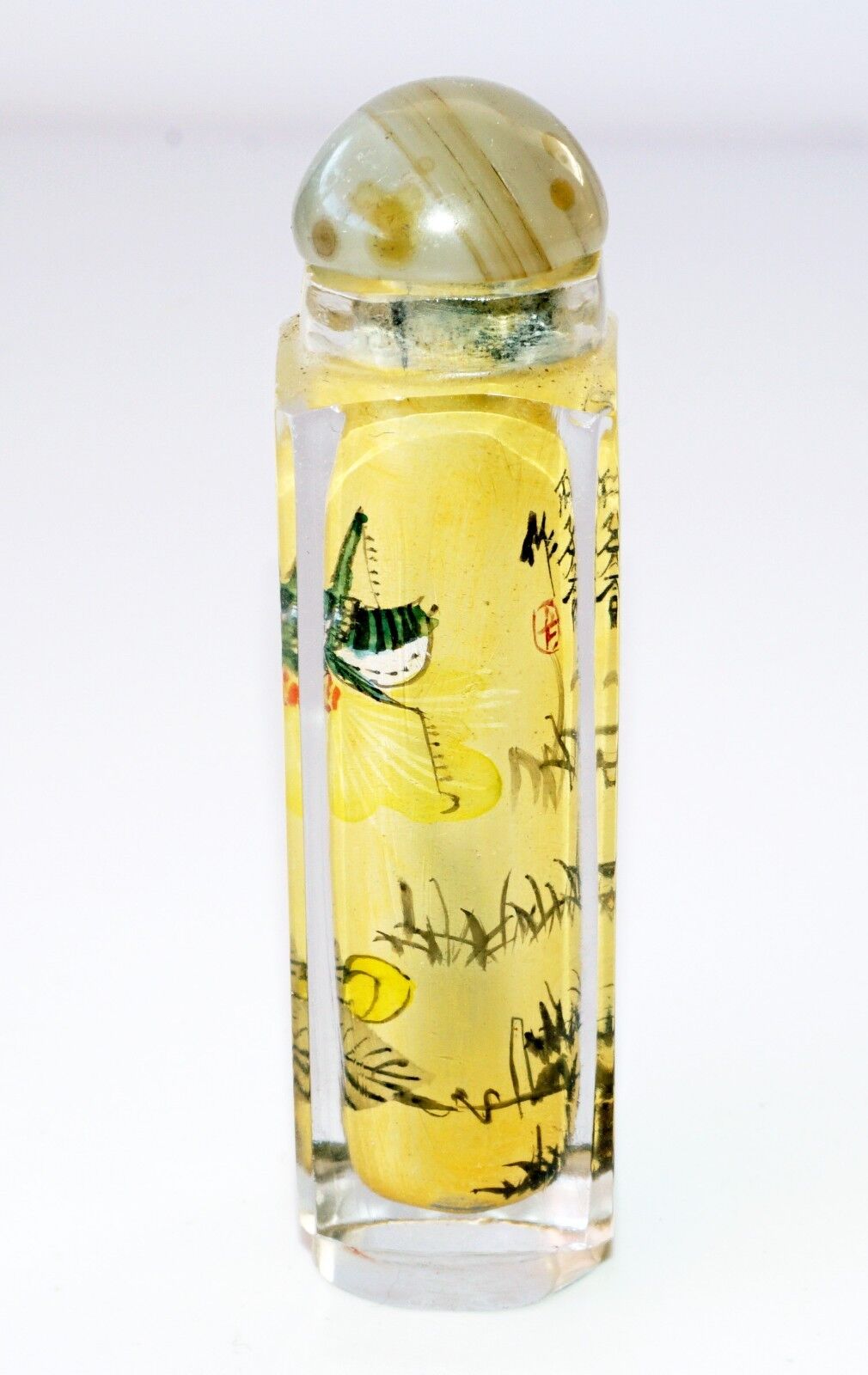 20C Chinese Square Inside Painted Glass Snuff Bottle w. Hard-stone Stop (Pal)
