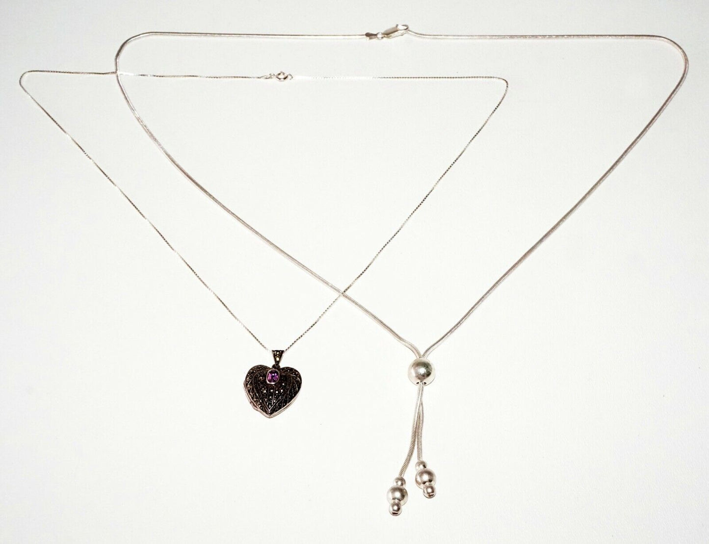 3Pc Vintage Sterling Silver Necklaces & Heart Motif Locket Pendant (SaR)#189