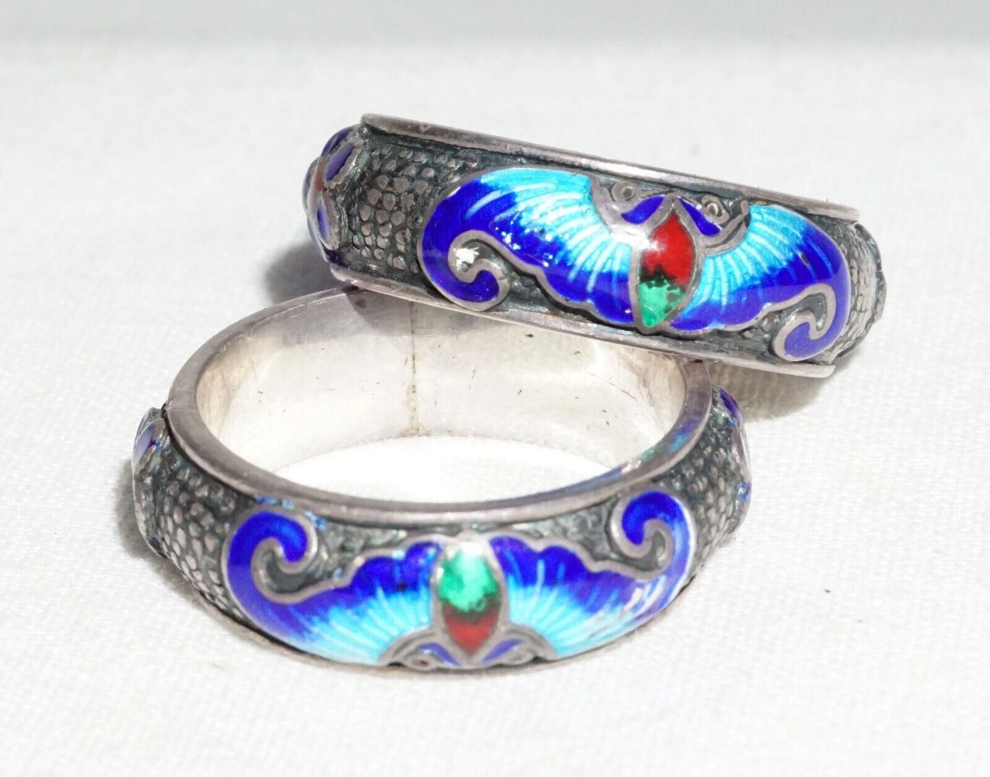 2Pc Chinese Silver & Multicolor Enamel Rings Sz.5 w. Bat Motifs (---)