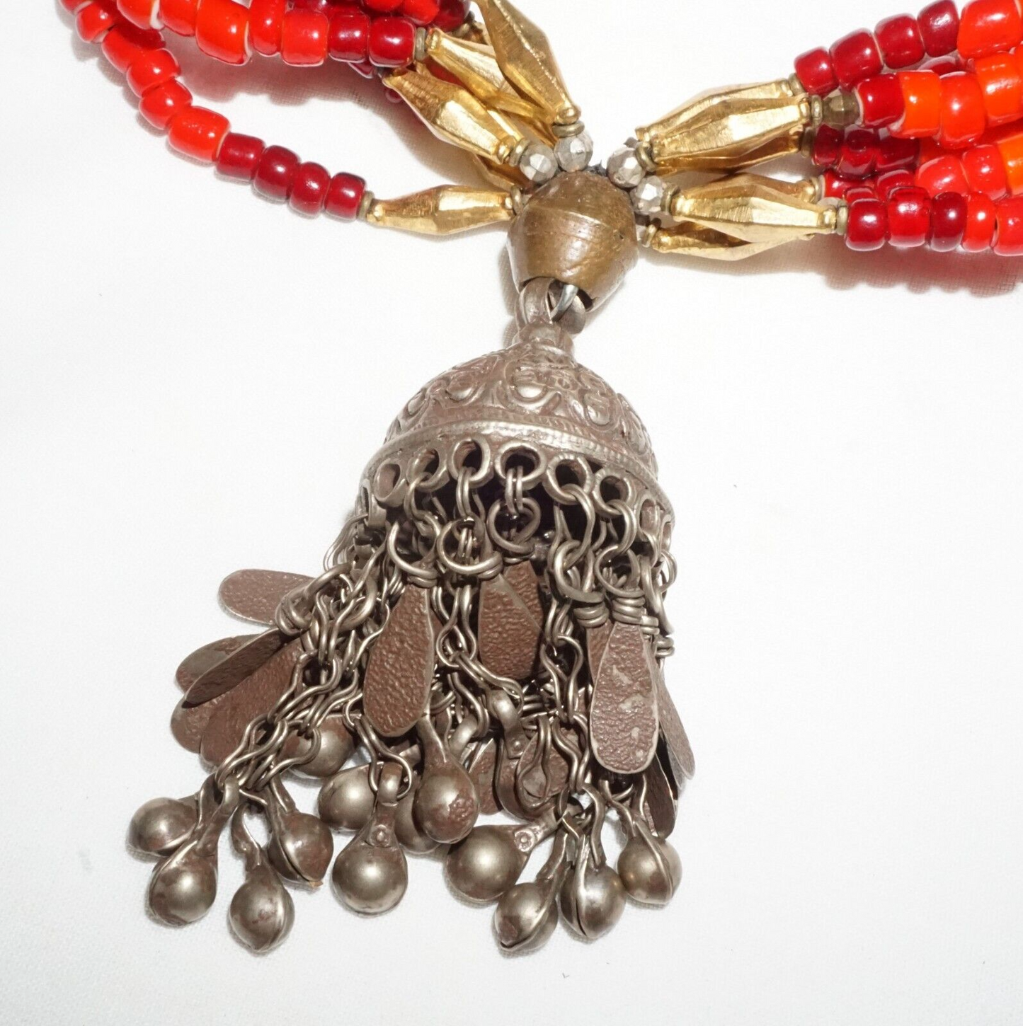 Vtg Chunky 7x Strand Red Glass Bead Necklace Bell Pendant Masha Archer (GeB)#16