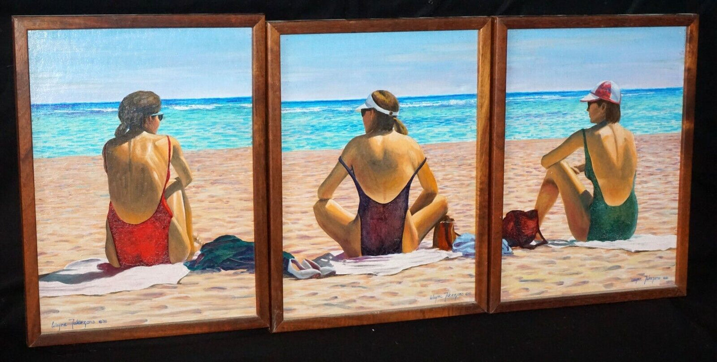 1988 Hawaii Framed Oil Painting Triptych "Three Friends" by Wayne Takazono (FeH)