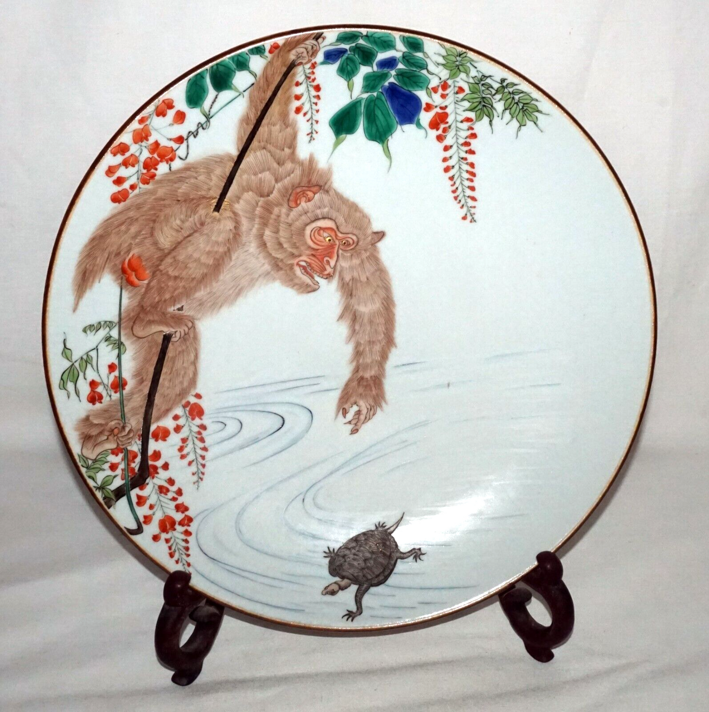 Japanese Meiji Kutani Ware Large Porcelain Plate w Monkey & Hairy Tortoise (FeH)