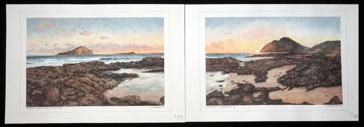 Hawaii Watercolor Diptych Painting Makapuu Rabbit Island by L. Segedin #179/80