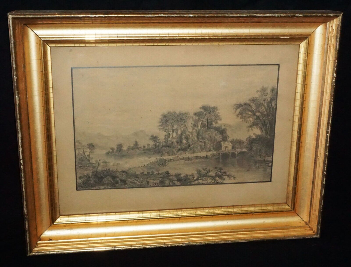1883 US Gilt Framed Pencil Drawing Landscape w. Figure by A.W. (New)