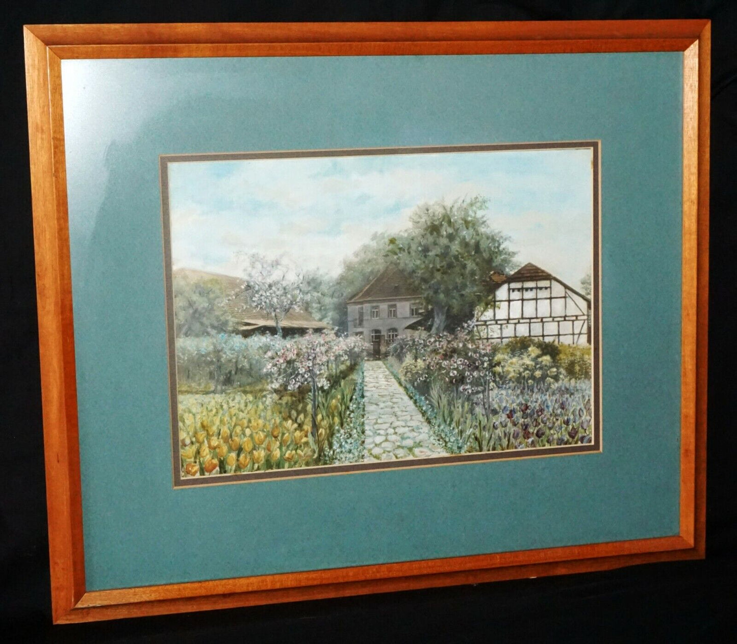German Koa Framed Watercolor Painting Farm w. Flower Lined Path unsigned (TaE)