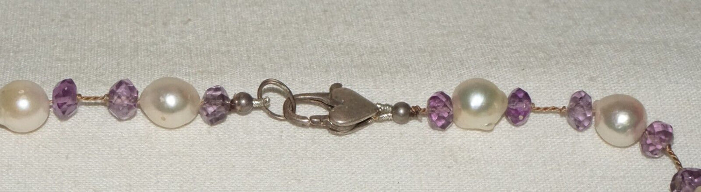 Vintage Sterling Silver Necklace w. Baroque Pearls & Facetted Amethyst (LeP)