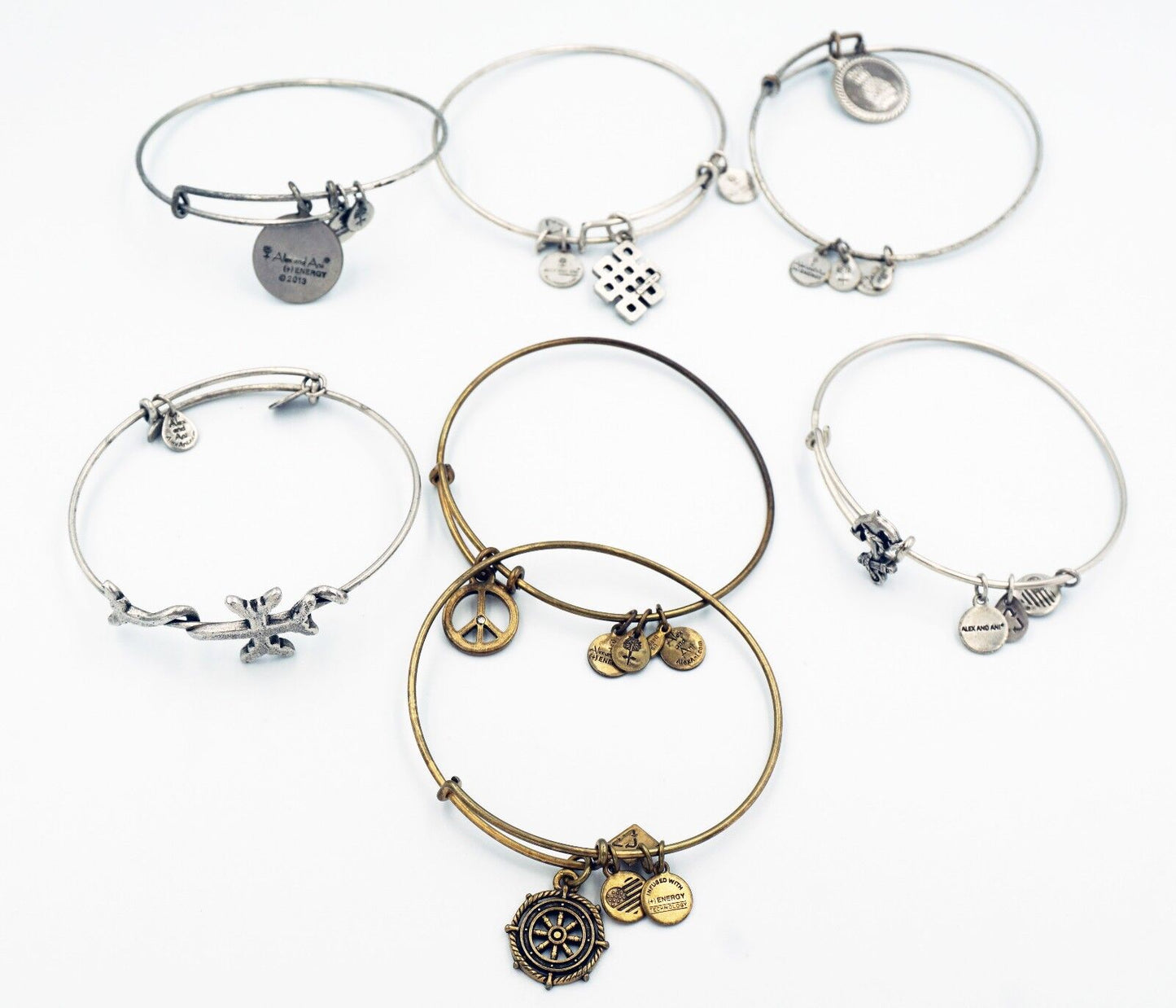 7x Alex and Ani Brand Mixed Lot Adjustable Bracelets w. Cross & Peace (Tra)