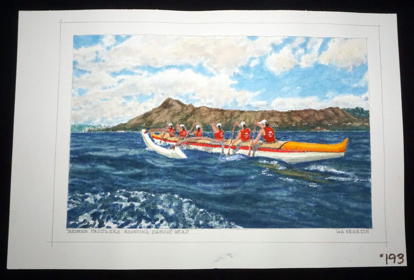Hawaii Watercolor Painting Woman Paddlers Rounding Diamond Head L. Segedin #193