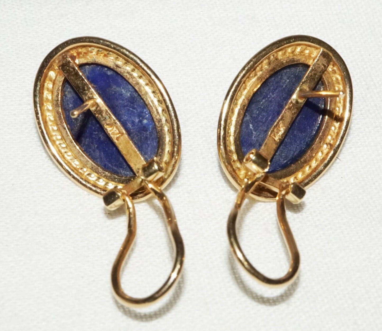 Pair US 14k Yellow Gold Earrings bezel set w. Lapis Lazuli Oval Cabochon (ShI)