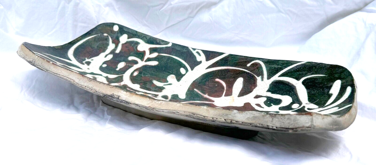 Vintage Abstract Deep Red & Green Swirled Ceramic Platter by David Kuraoka (MoM)