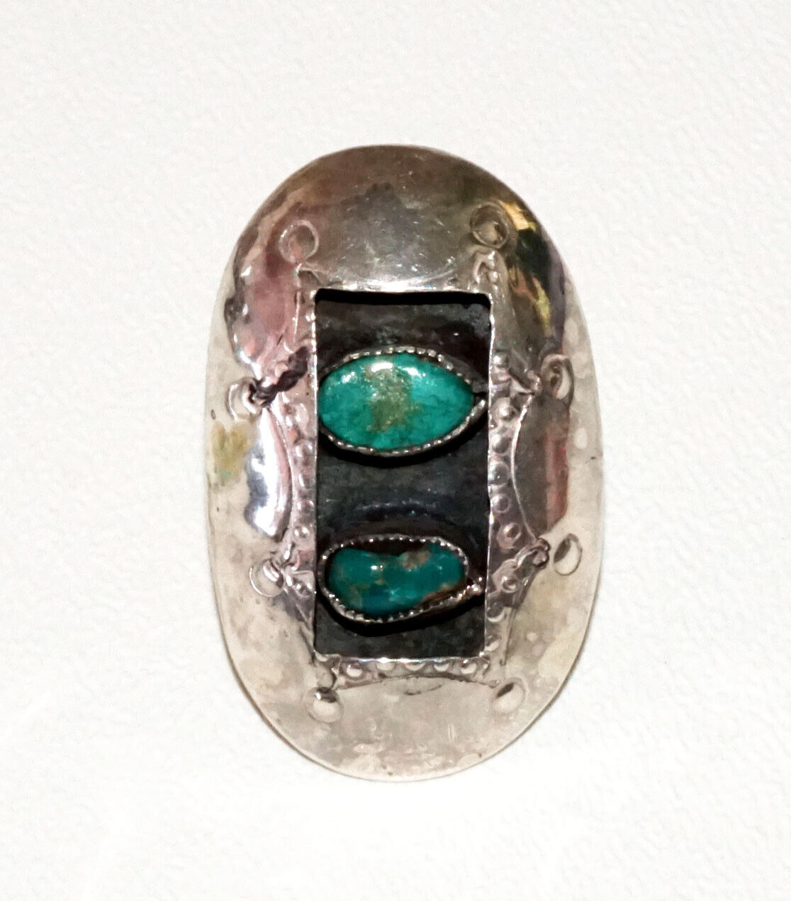 Vintage Oval Silver Ring Sz 7 set w. 2x Turquoise Cabochons unsigned (RgR)
