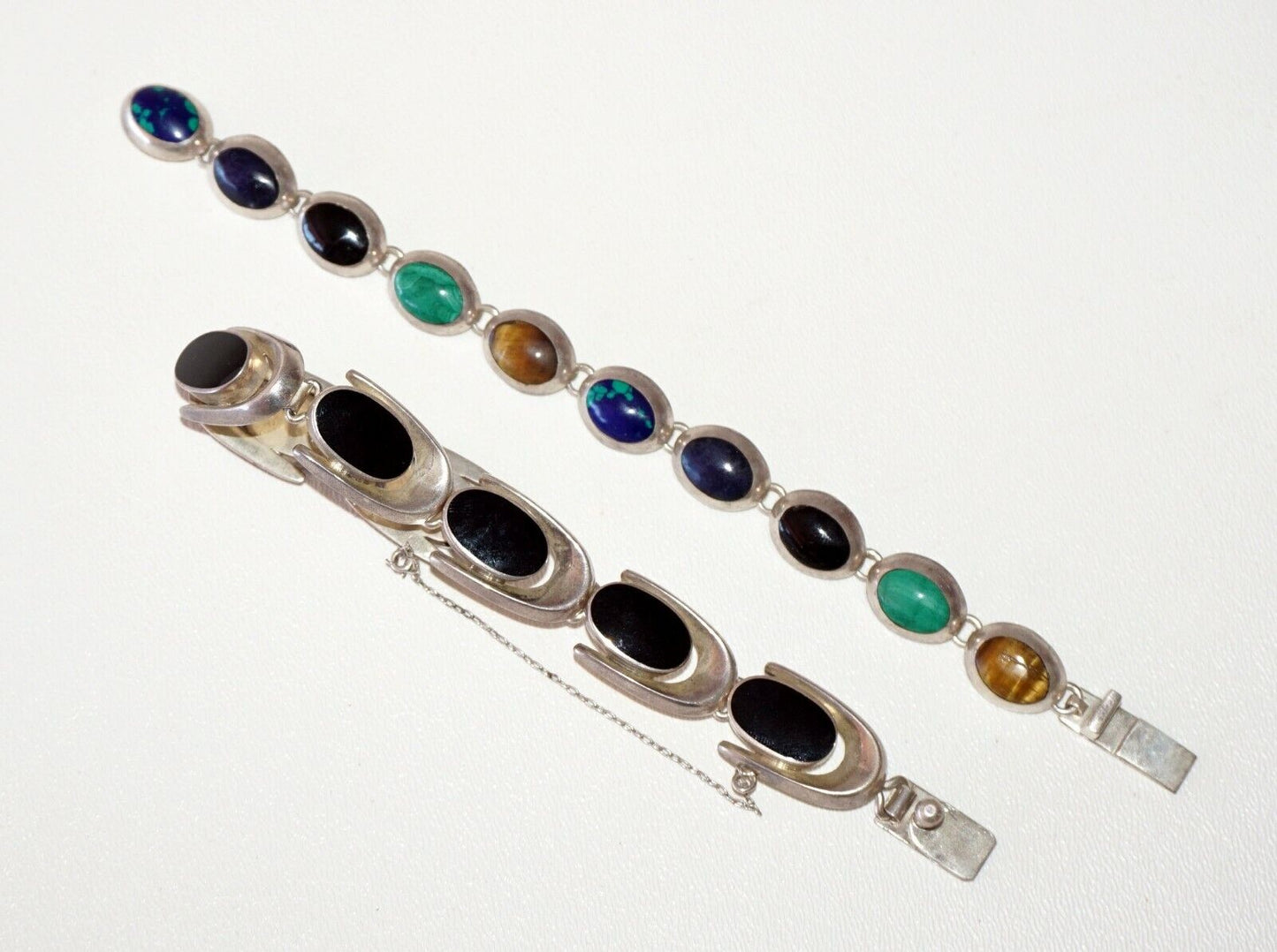 2Pc Modernist Sterling Silver Bracelets Onyx Turquoise Lapis Tigereye (NoN)B20