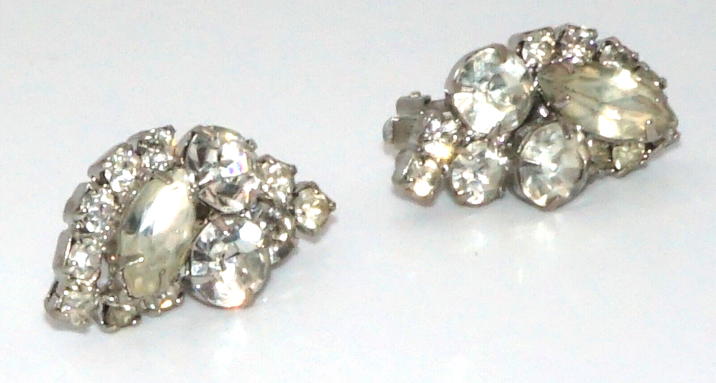 Vintage Silver tone Rhinestone Clip On Earrings w Round & Marquise Stones (McC)