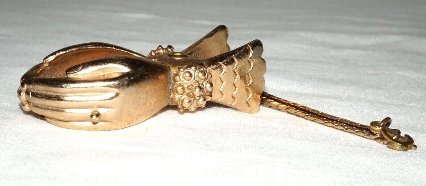 Antique Gold Plated Two Hands Motif Clamp Clip w. Chain & Bail Ring (WoJ)