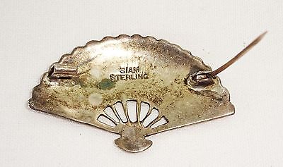 Thai Sterling Silver & Enamel Pin Niello Ware Fan w. Dancer Motifs (Stea)