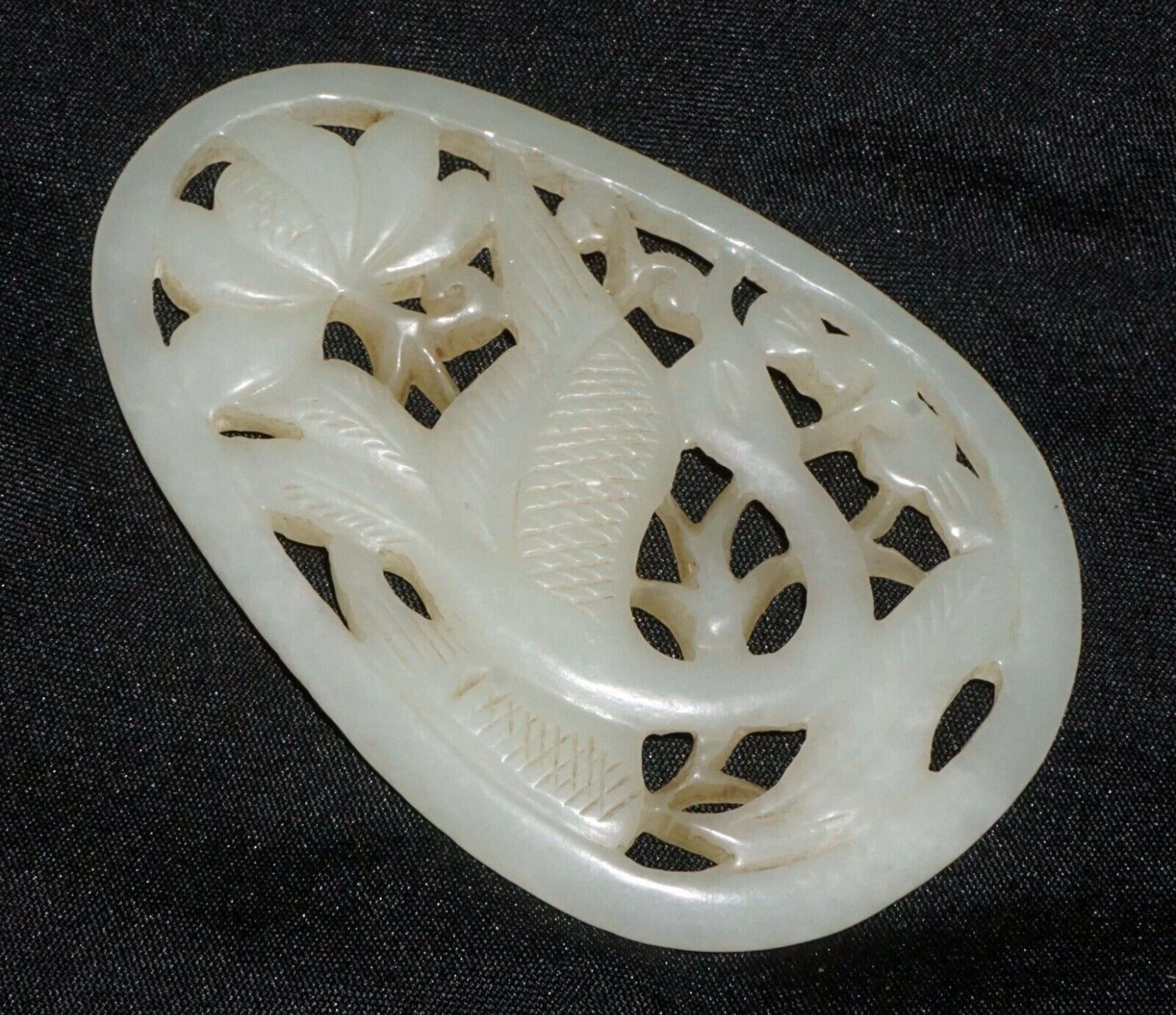 Antique Chinese Nephrite Jade Pierced Pendant Crane & Floral Motifs (---)
