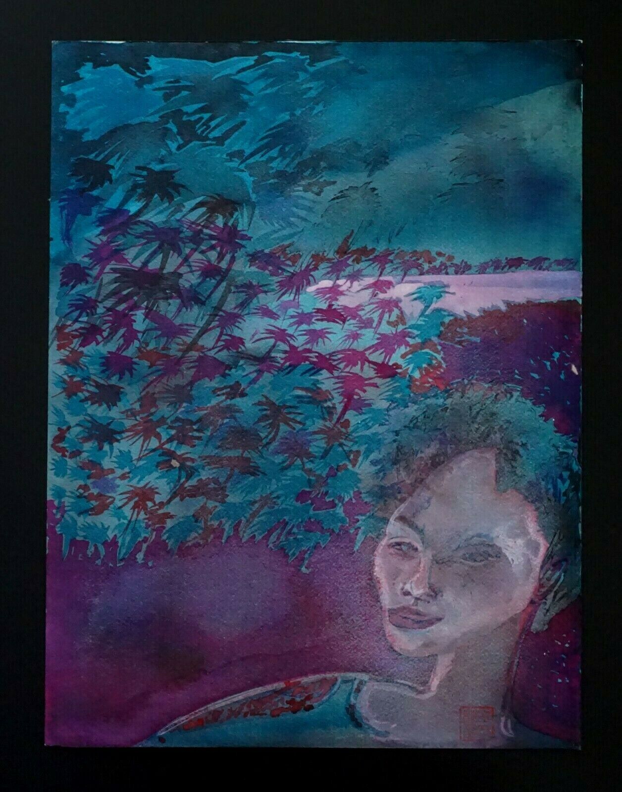 France Hawaii Outsider Art WC Painting Windy Night Beach Claude Vedel (EtJ)#69