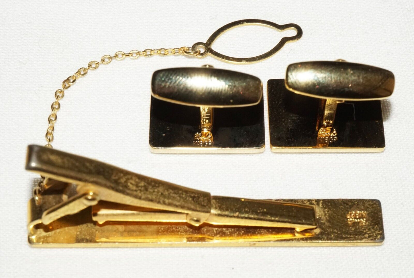 3Pc Japanese 18k Gold Plated Tie Clasp & Cufflinks w. Lacquer Flower Motif (OdC)