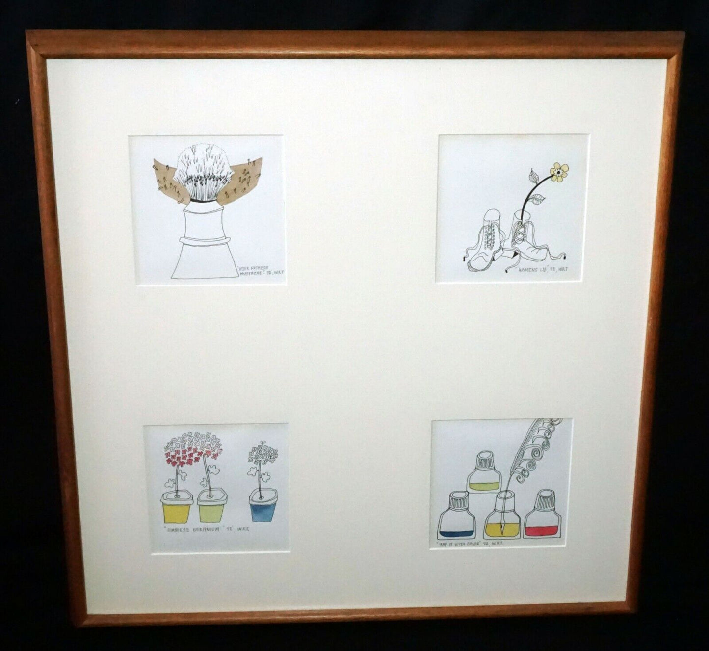 1972 US Koa Framed 4x Color Print Whimsical Grouping signed W.R.T. (CWo)