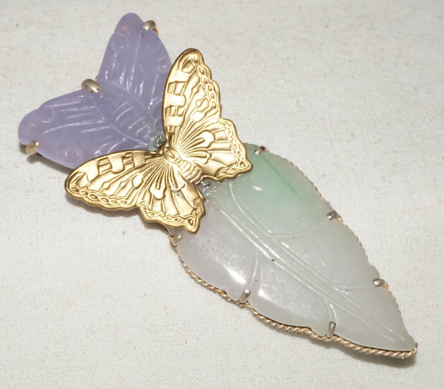 Vintage Chinese Fashion Lavender Jade Butterfly & Leaf Brooch Pendant (LeP)
