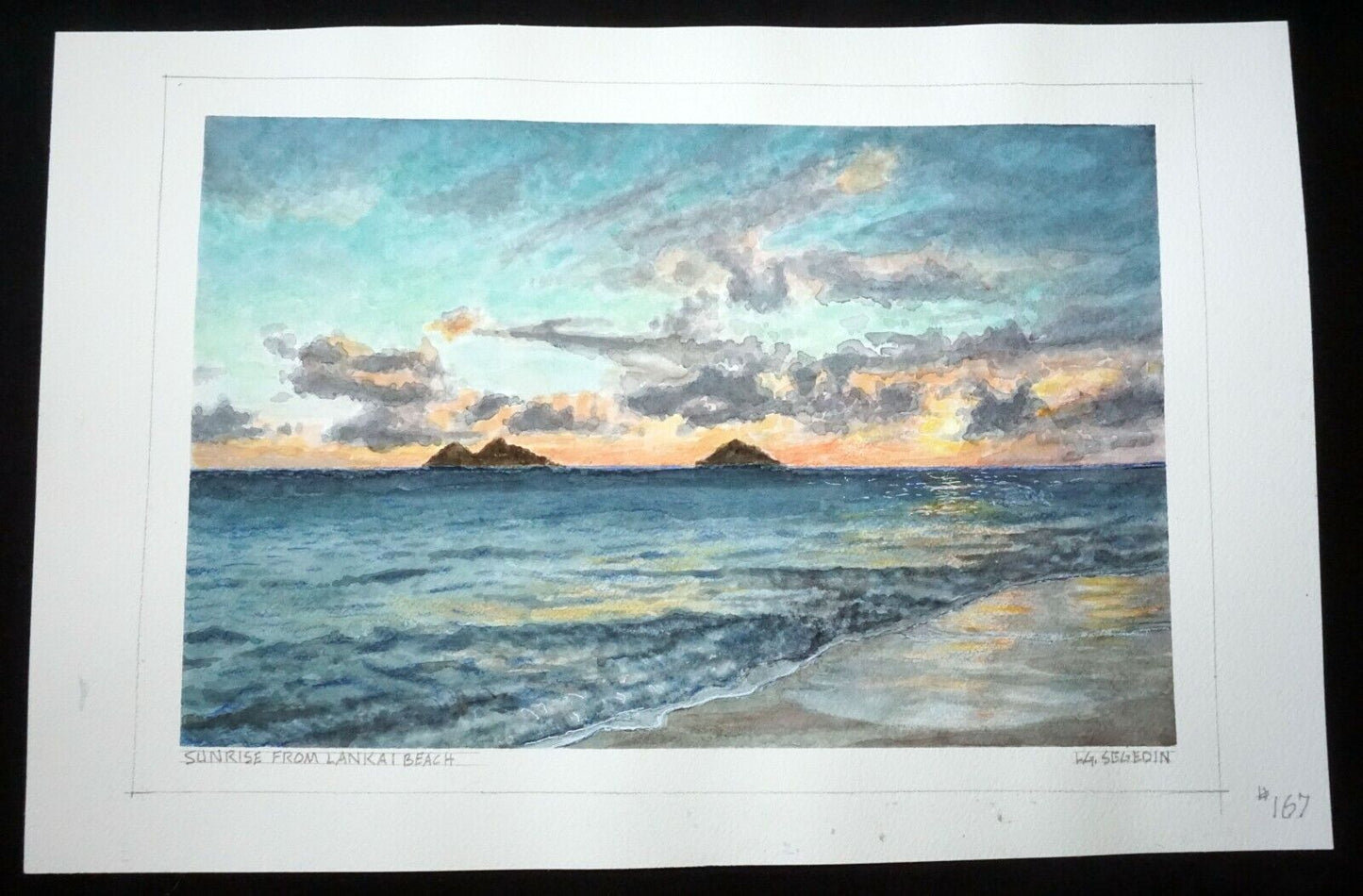 Hawaii Watercolor Painting Sunrise from Lanikai Beach by Larry Segedin #167