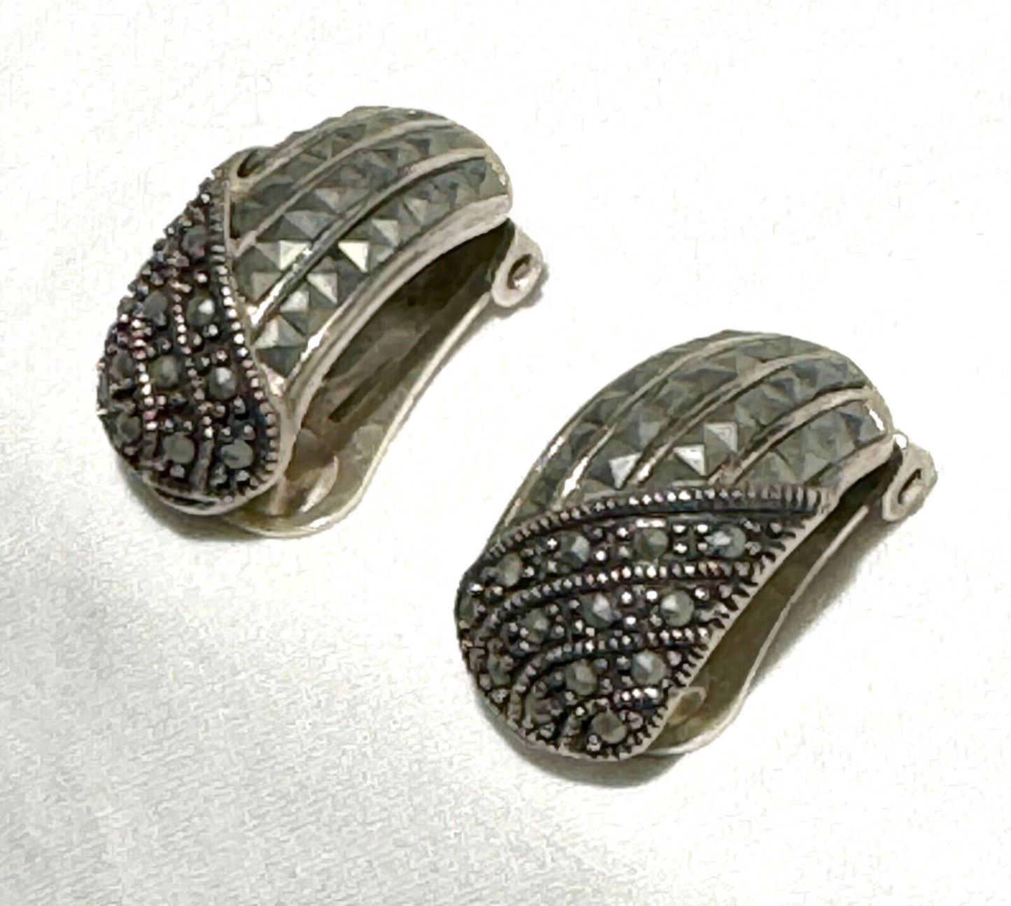 Vtg Sterling Silver Marcasite Non Pierce Earrings Marked 925 (KiL)21