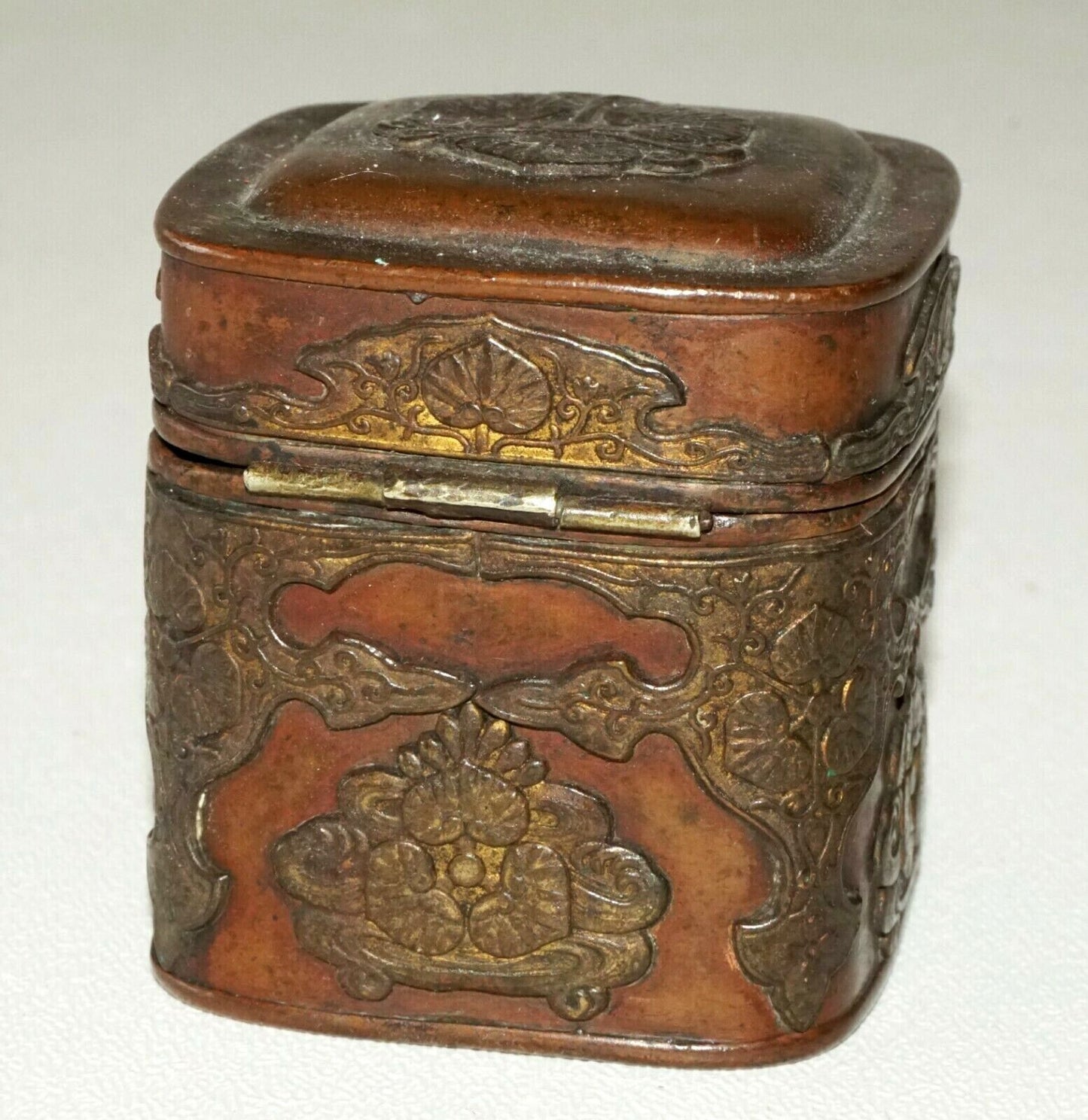 19C Japanese Edo Period Hinged Top Copper Ink Container Box w. Crest (MoW)