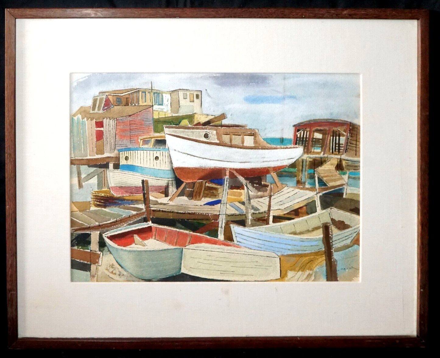 1948 Hawaii Watercolor Painting Boat Harbor II by Keiichi Kimura (1914-88) (PeN)