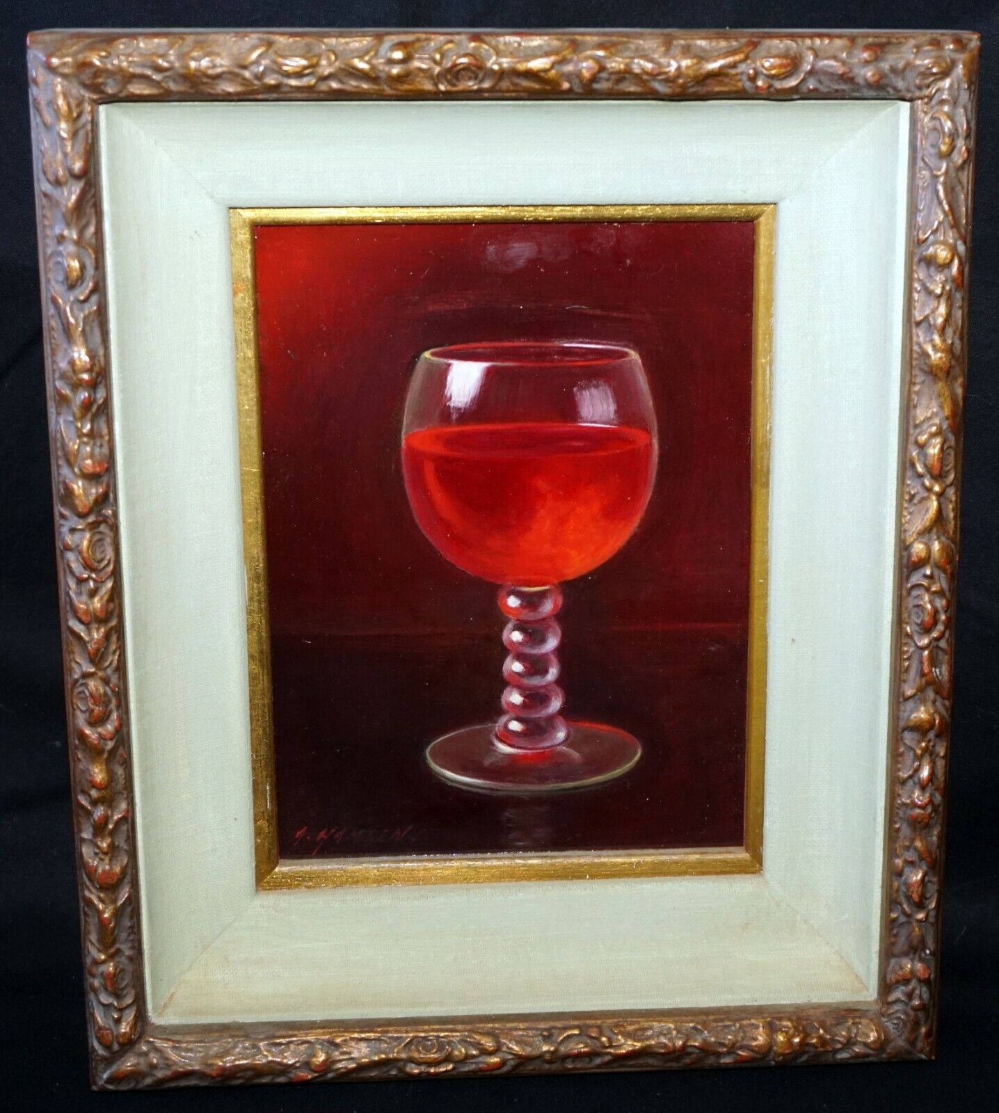 Vintage US Framed Oil Still Life Painting Wine Glass by A. Hansen (FeO)