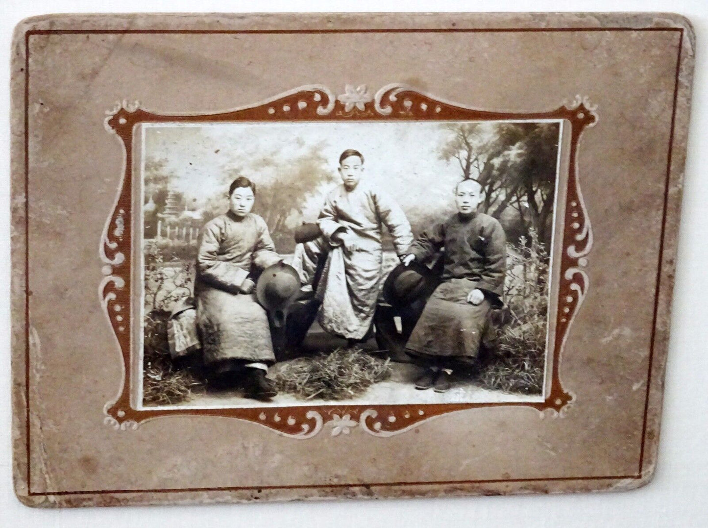 1900 Chinese Framed B&W Photo "Three Brothers in Robes" by unmarked (Mil)