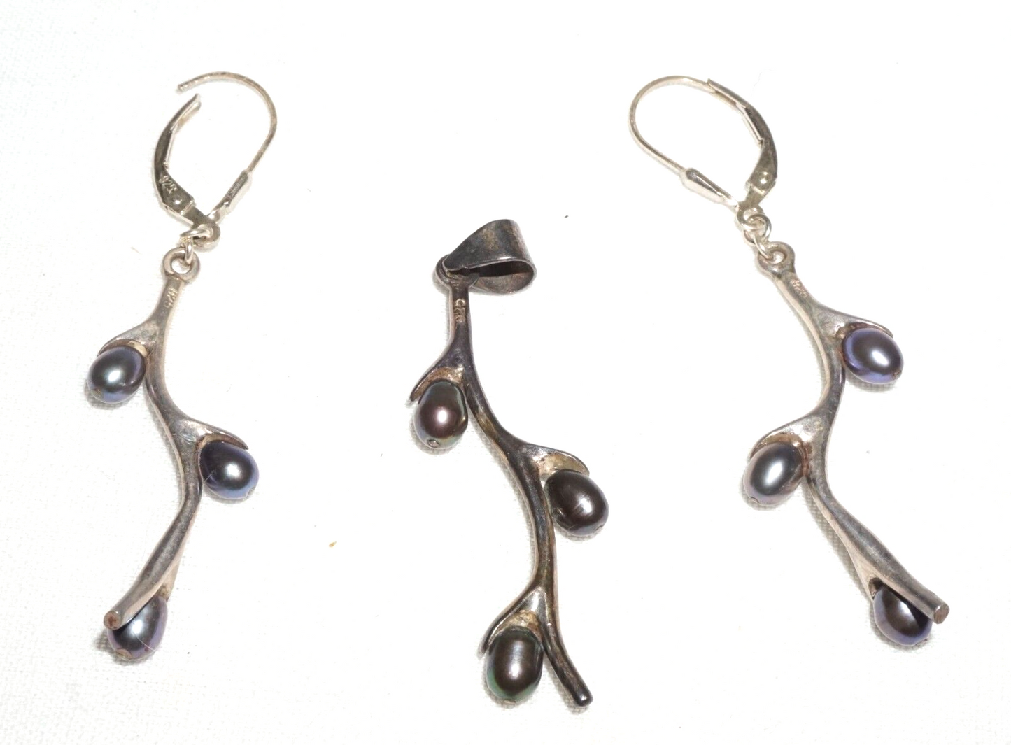 3Pc Vtg Sterling Silver & Grey Pearl Branch Motif Earrings & Pendant set (JoD)