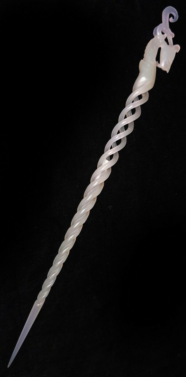 Vintage Chinese Pierced Spiral White Jade Hairpin Extremely Fine Carved (AHB)