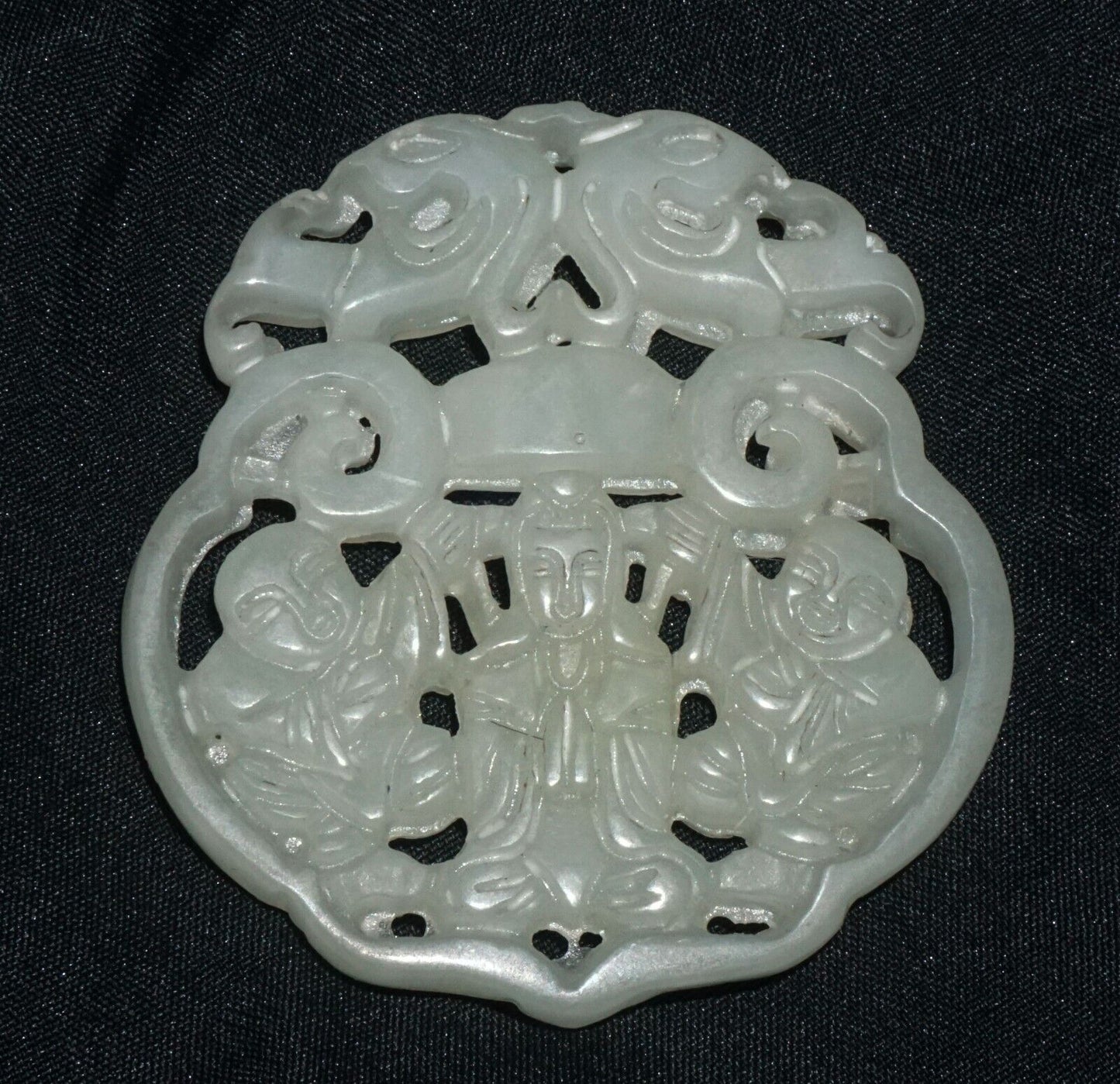 Antique Chinese Nephrite Jade Pierced Pendant Kwan Yin & Twin & Bat Motifs (---)