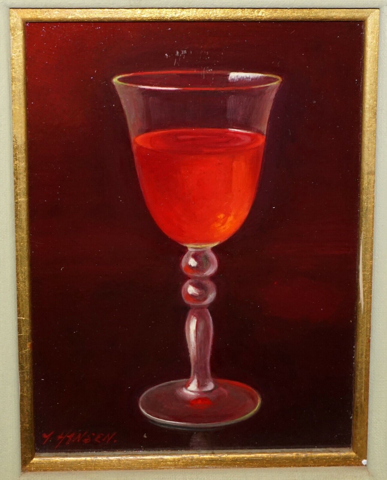 Vintage US Framed Oil Still Life Painting Glass of Red Wine by A. Hansen (FeO)