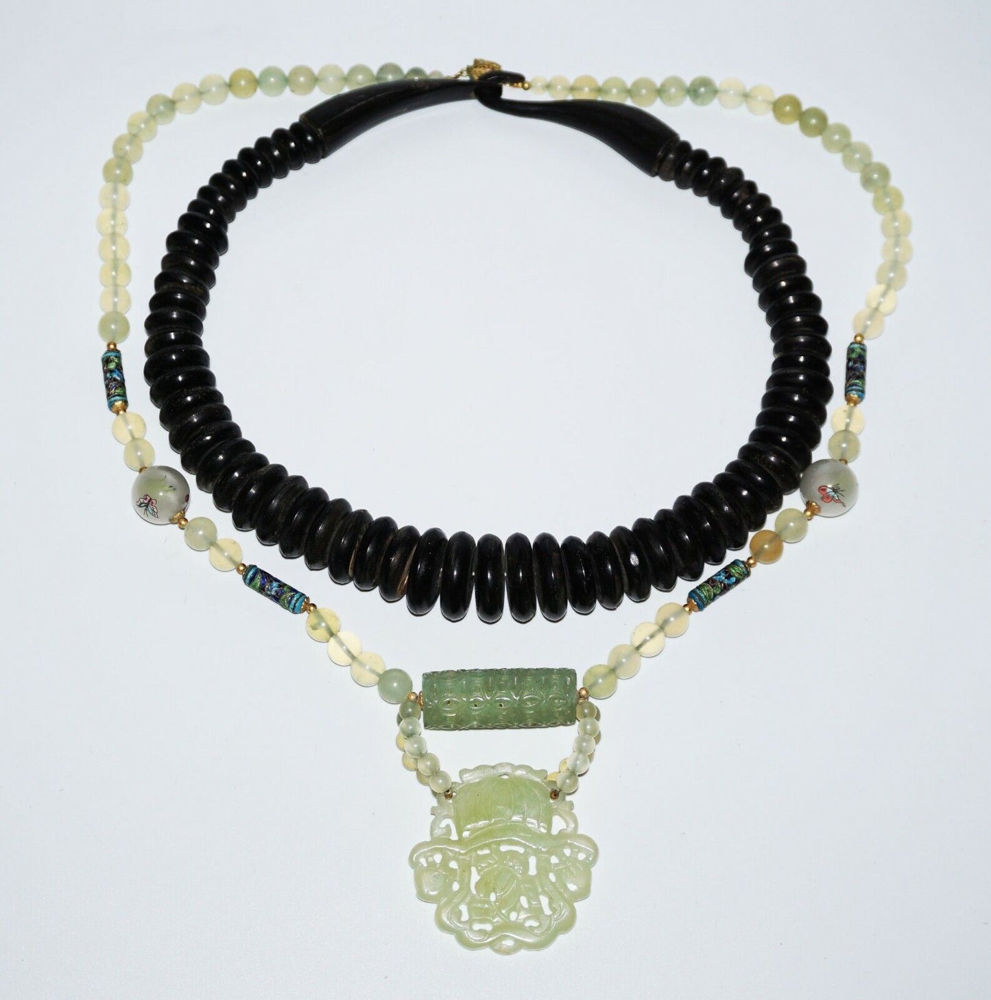 2x Vintage Chinese Horn & Hard-stone & Glass Bead Necklace w. Pendant (NoN)C2