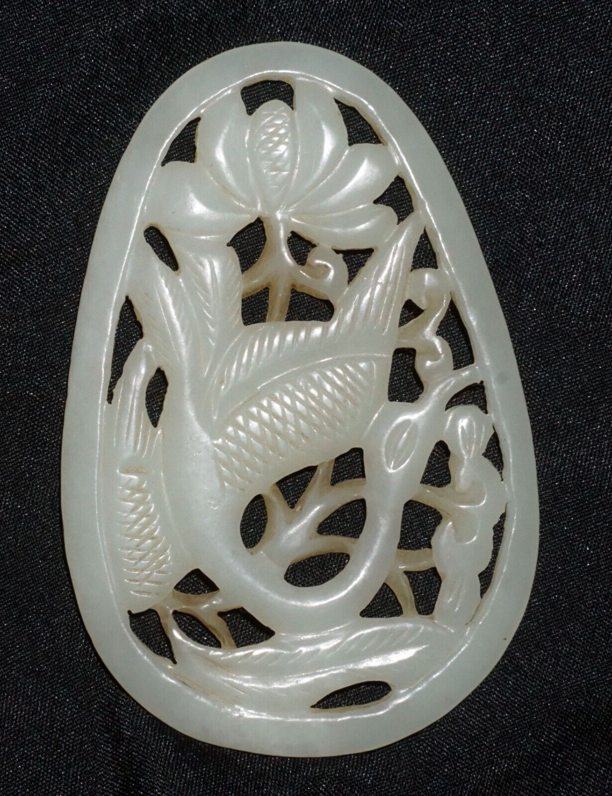 Antique Chinese Nephrite Jade Pierced Pendant Crane & Floral Motifs (---)