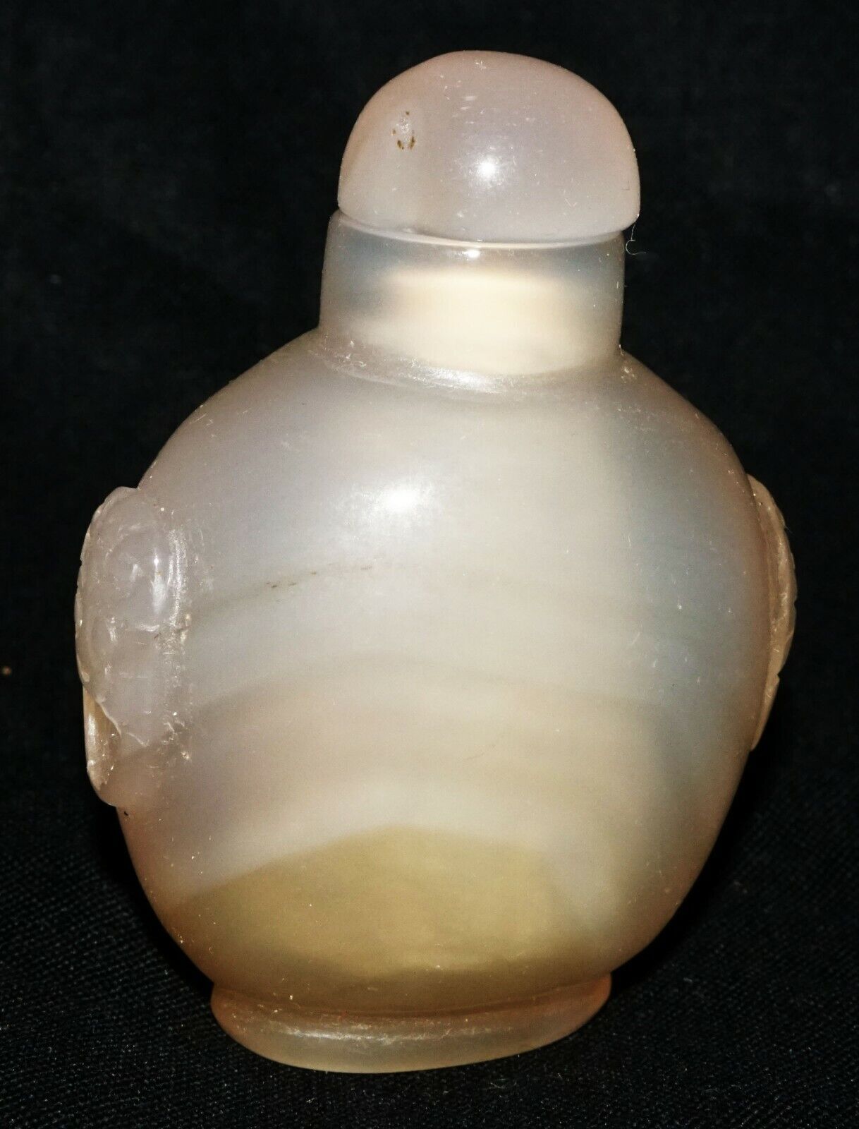 Vintage Chinese Agate Carved Snuff Bottle w. Mask Handles & Stopper (LeS) G2